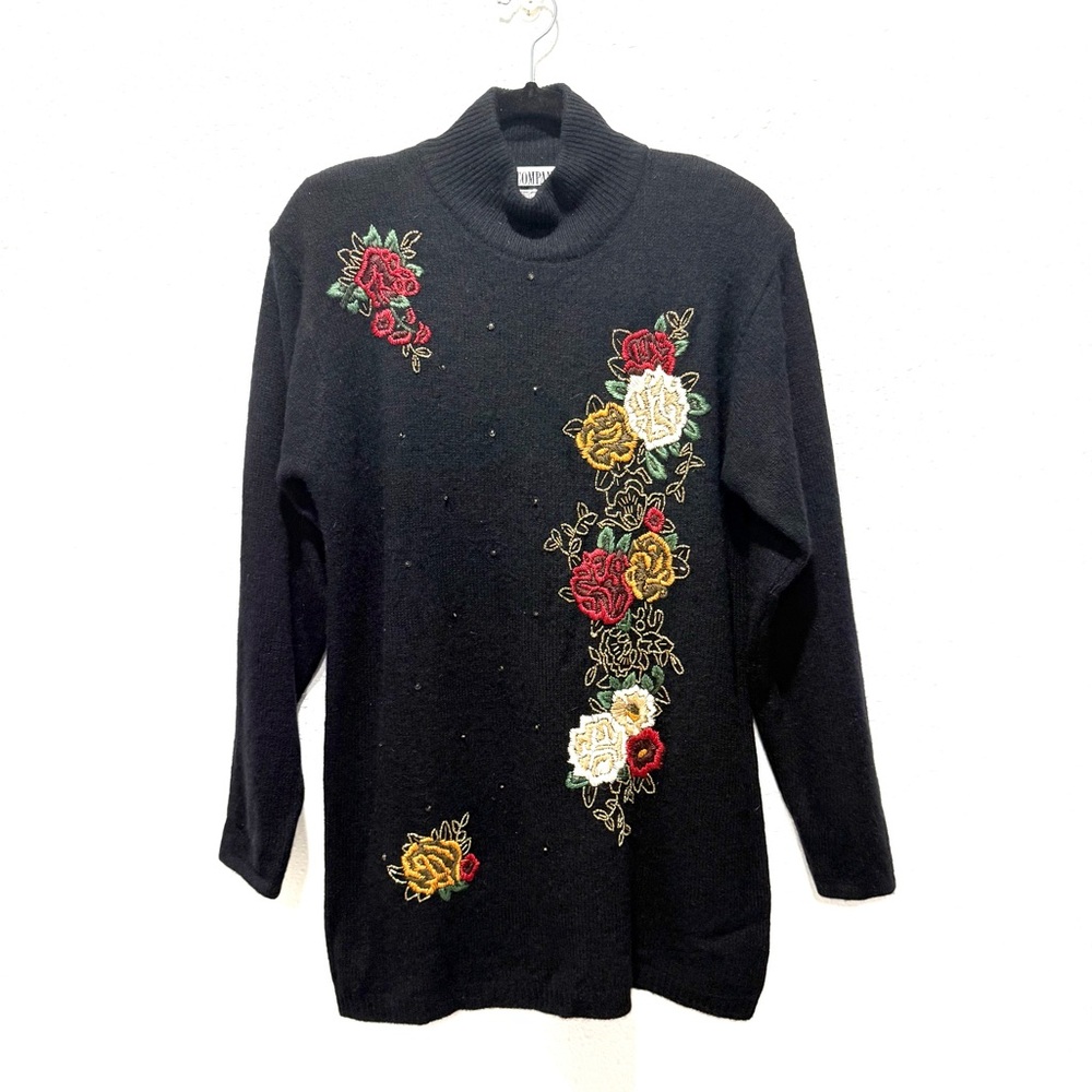 Vintage‎ lambswool Black Floral Embroidered Turtleneck Sweater M